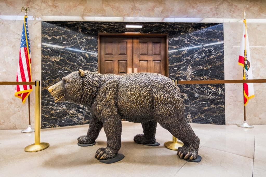 California Grizzly Bear statue in front of the Governor's office in the California Capitol State Building. Image Shutterstock Sundry Photography