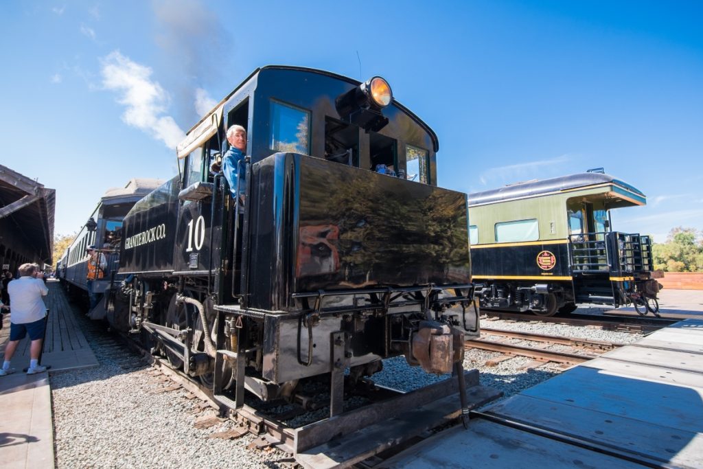 The Granite Rock steam engine locomotive arriving at the station in Old Sacramento. Image Shutterstock Sundry Photography