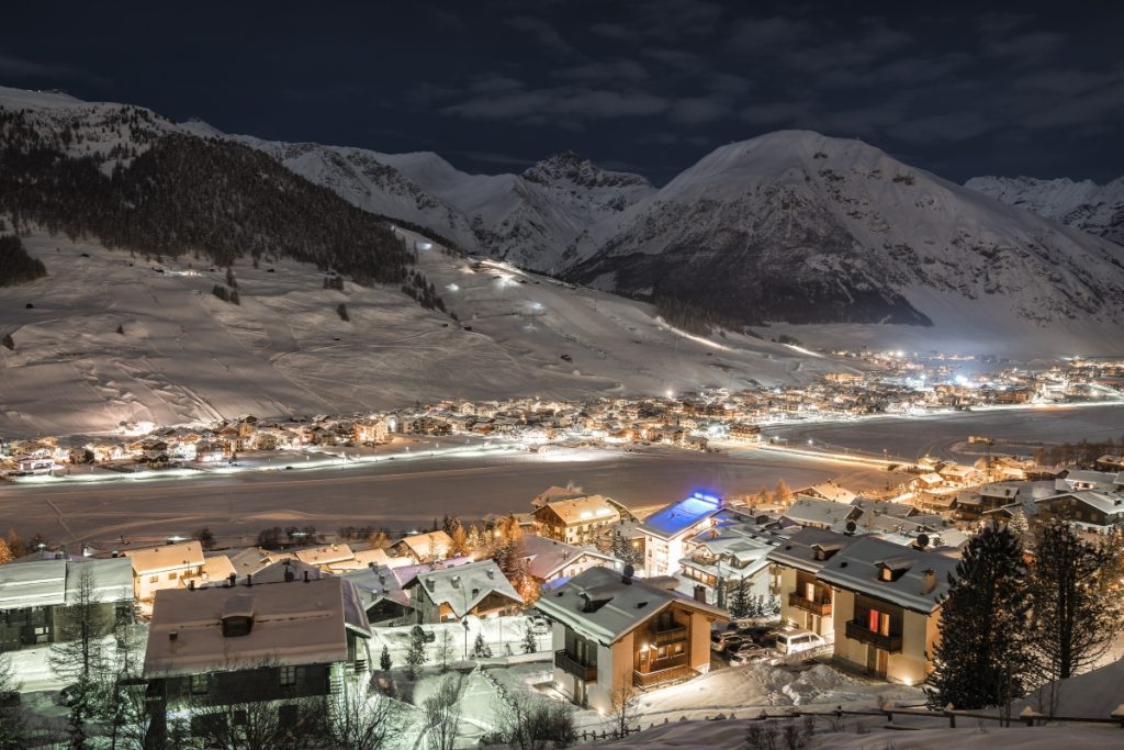 Livigno alpine ski resort at night in winter. Image marchello74 Shutterstock