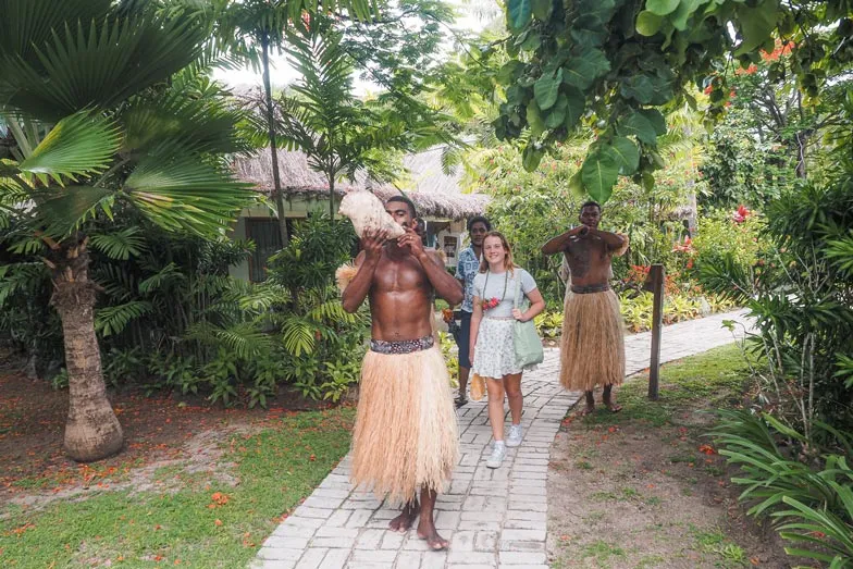 Emmie being welcomed on arrival at Castaway Island Resort in Fiji