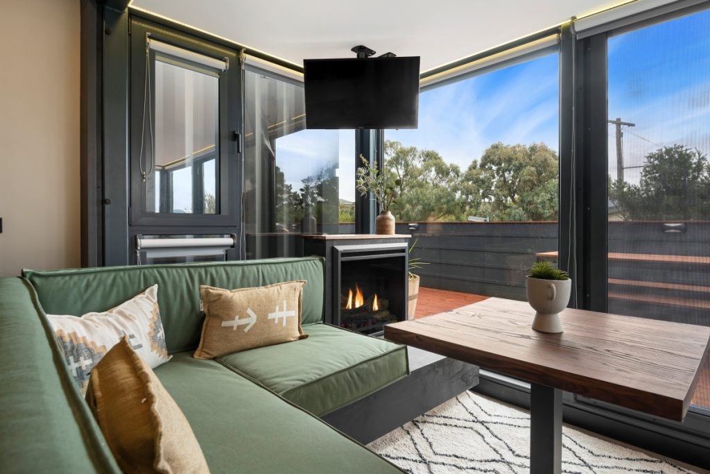 Inside a family friendly glamtainer at NRMA Jindabyne Holiday Park in the NSW Snowy Mountains
