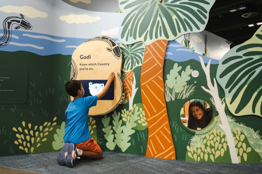 Kids enjoying the Burra learning and play space at the Australian Museum in Sydney. Image Destination NSW