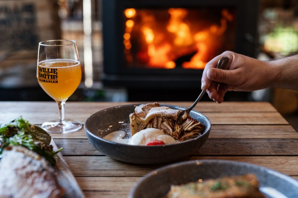 Sample Huon Valley cider and apple pie at Willie Smith's Apple Shed. Image Stu Gibson Tourism Tasmania