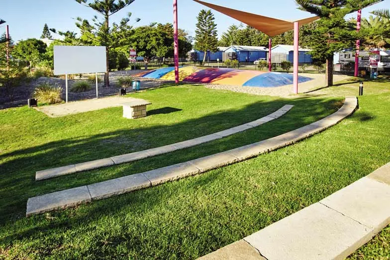 the ampitheatre and jumping pillow at toowoon bay holiday park