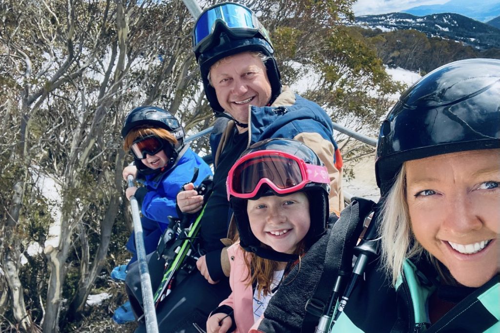 Family on the chairlift at Falls Creek Alpine Resort Image Meg Law