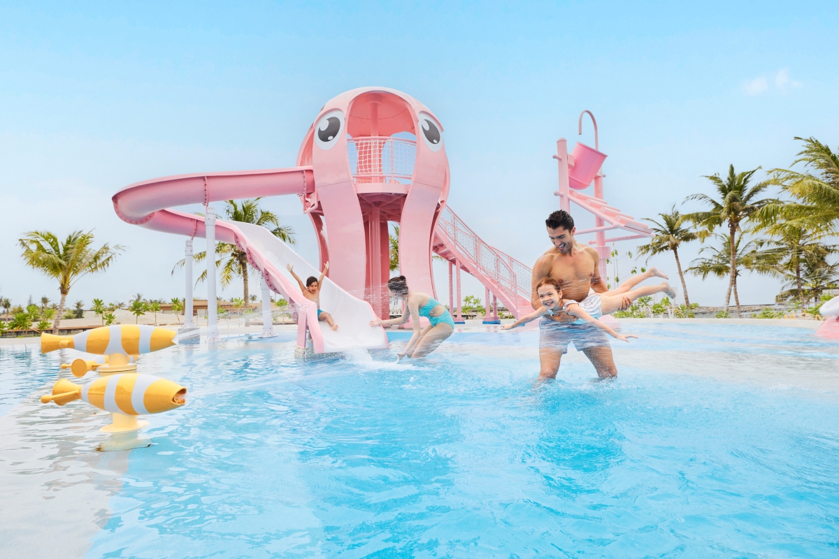 Fun on the kids' water playground at Centara Mirage Lagoon Maldives