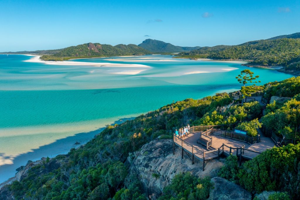 View over Whitehaven Beach from Hill Inlet Lookout. Image Tourism Whitsundays