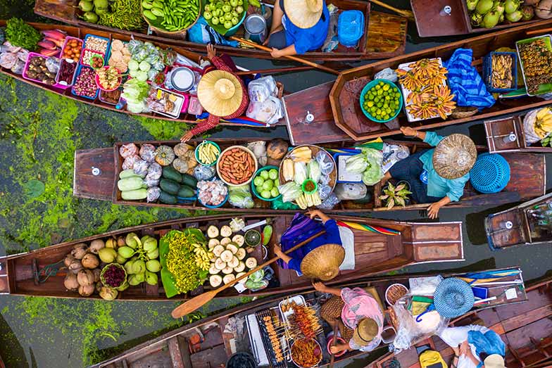 An aerial view of famous Damnoen Saduak floating market in Thailand
