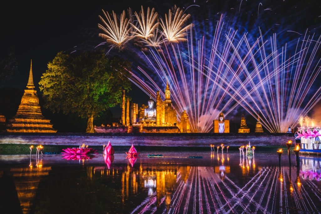 Fireworks at Loi Krathong festival event in Sukhothai Historical Park, Thailand. Image Chokniti Studio Shutterstock